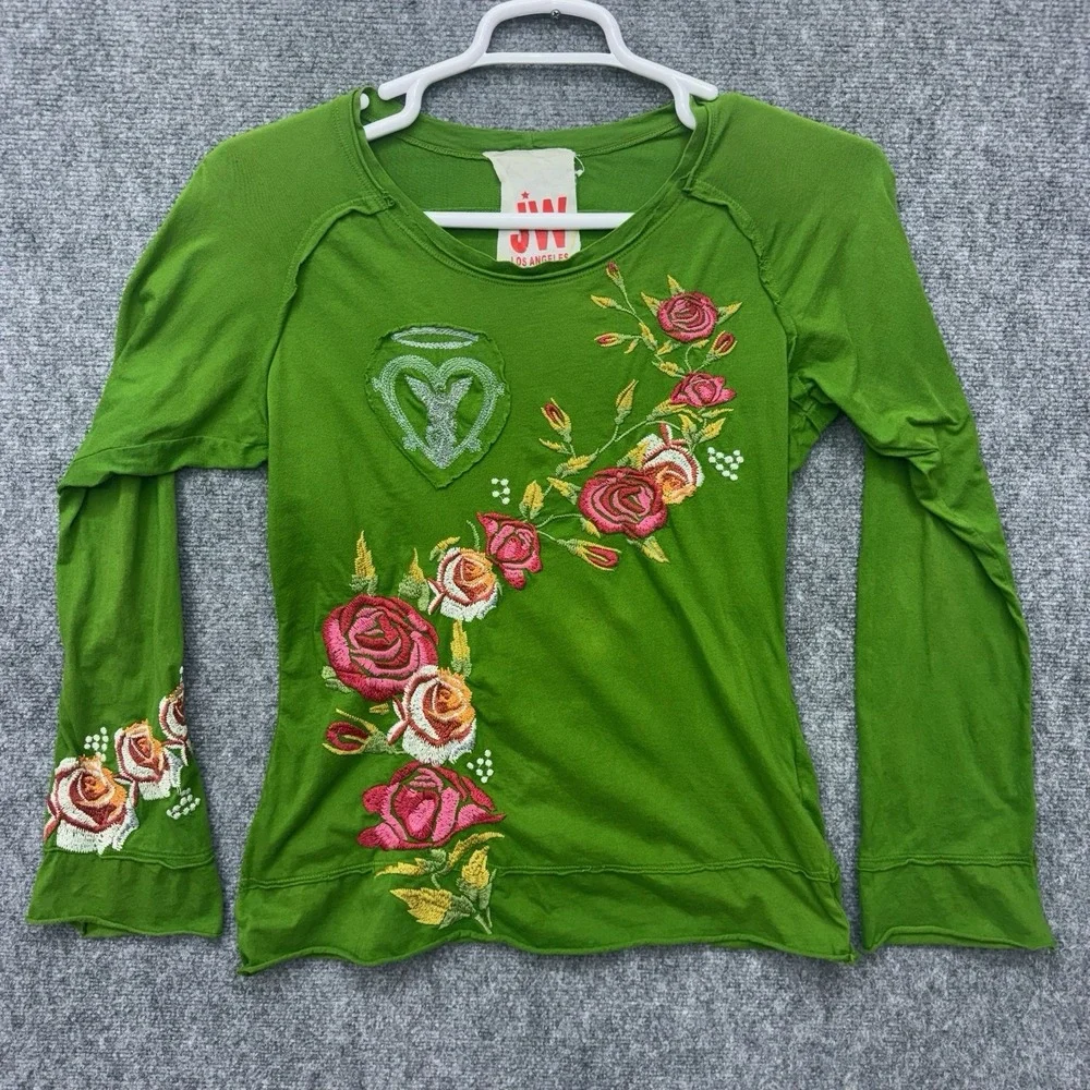 JW Los Angeles green blouse top embroidered roses women's Large w/ small stain - Picture 1 of 10